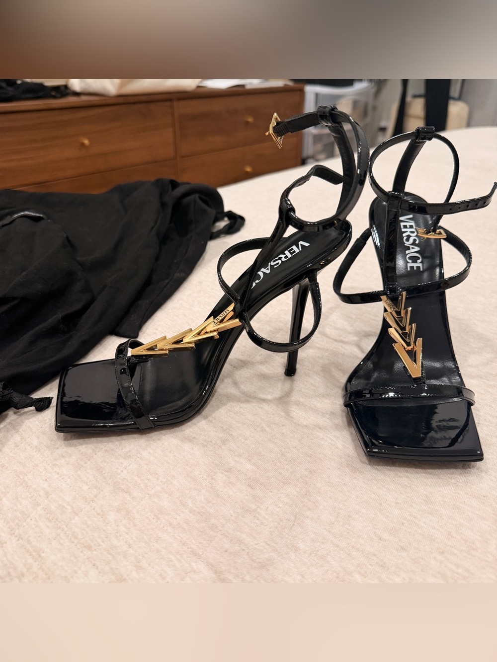 Versace Black Patent Leather Strappy Stiletto Sandals with Gold V 105mm pump